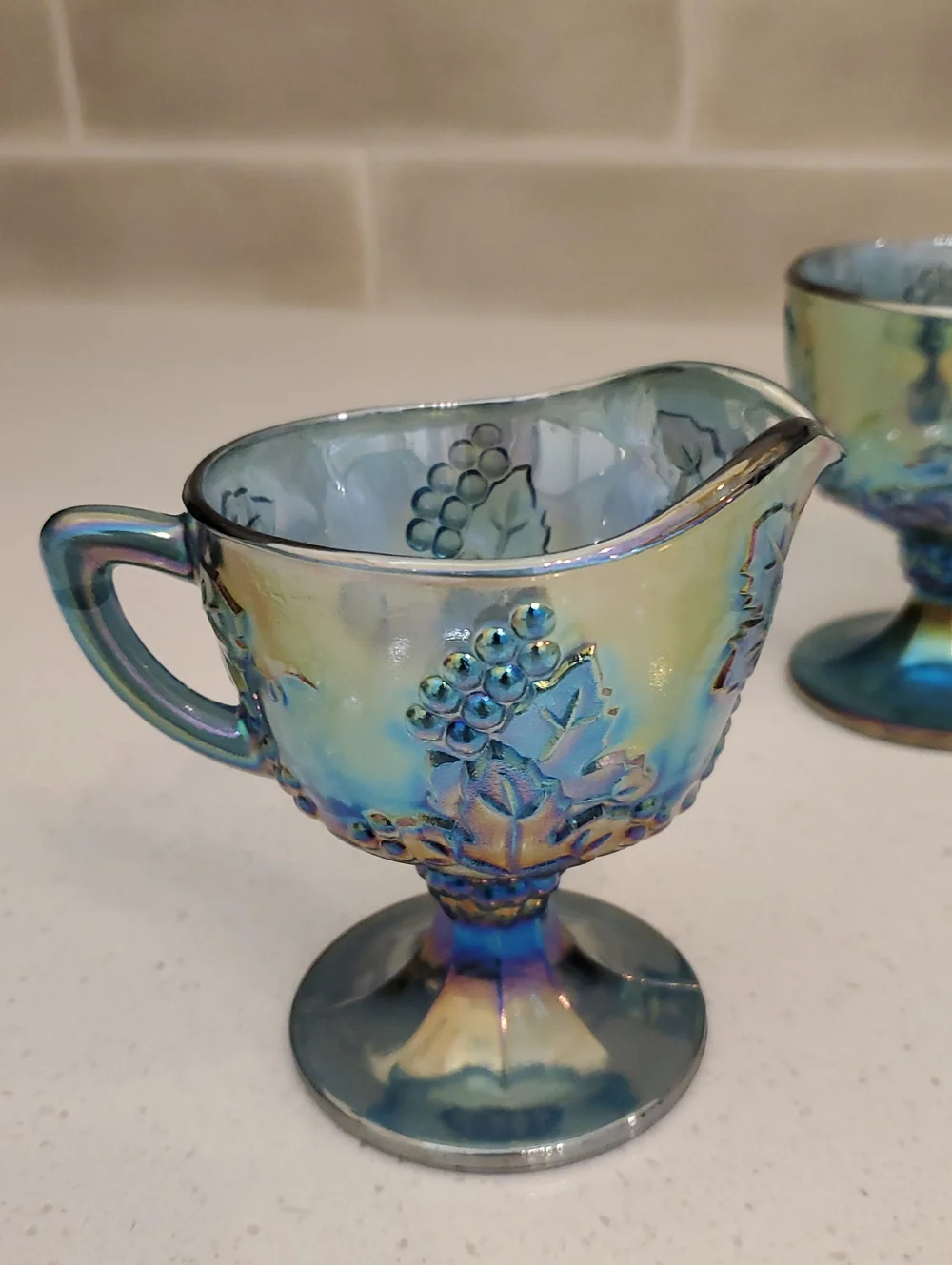 Indiana Carnival Glass Blue Colony Harvest Creamer & Sugar Bowl